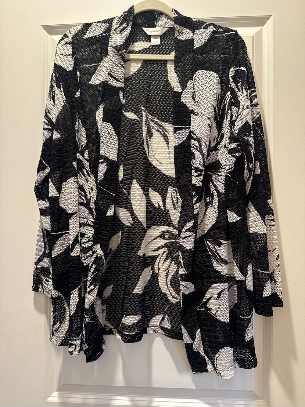 CJ Banks Black and White Floral Open-Front Cardigan